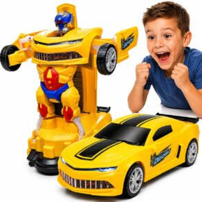 Carrinho Vira Robô Transformável Infantil com Luz e Som Carro Camaro Amarelo Automático que se Transforma Brinquedo Divertido Presente Criativo com Pilhas Premium