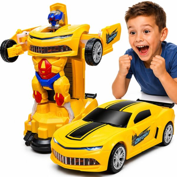 Carrinho Vira Robô Transformável Infantil com Luz e Som Carro Camaro Amarelo Automático que se Transforma Brinquedo Divertido Presente Criativo com Pilhas Premium