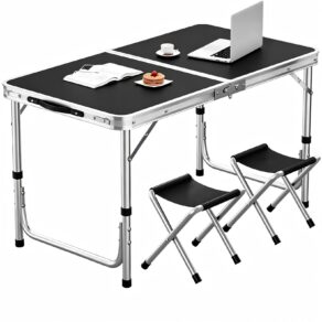 BEMMY Mesa Dobravel Portatil de Liga de Alumínio 90CM com 2 Banquinhos Pequenos, Escrivaninha Dobravel Maleta para Camping Pesca Jardim Área Externa Ou Interna