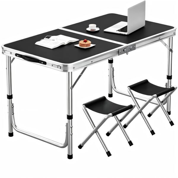 BEMMY Mesa Dobravel Portatil de Liga de Alumínio 90CM com 2 Banquinhos Pequenos, Escrivaninha Dobravel Maleta para Camping Pesca Jardim Área Externa Ou Interna