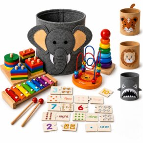 Kit Educativo Montessori 6 em 1 de Madeira com Organizador | 2+