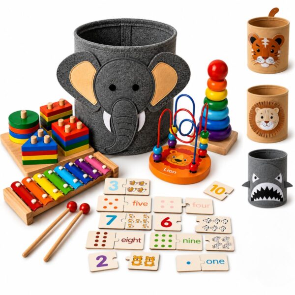 Kit Educativo Montessori 6 em 1 de Madeira com Organizador | 2+