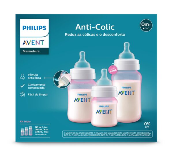 Kit Triplo Mamadeira Anti-Colic Philips Avent SCY119/19 125ml + 260ml + 330ml Rosa