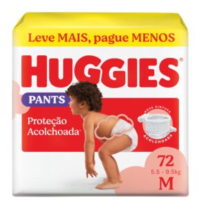 Fralda Pants Huggies Proteção Acolchoada, Tamanho M, 72 unidades, Estilo Roupinha, Cintura Macia, Fácil de Colocar
