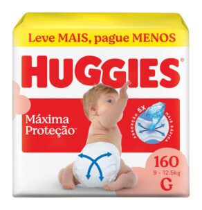 Fralda Descartável Huggies Máxima Proteção Tamanho G 160 unidades – aberta com tecnologia Xtra-Flex, canais em X que se adaptam aos movimentos e máxima proteção