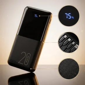 Power Bank 20000Mah Turbo 22,5W Carga Rápida 10V de Saída com 4 Cabos Integrados Display de Nível de Bateria Alça para Transporte Lanterna Led Proteção Contra Sobrecarga Carregador