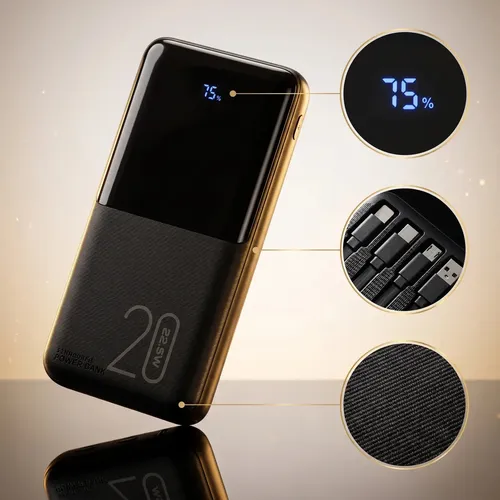 Power Bank 20000Mah Turbo 22,5W Carga Rápida 10V de Saída com 4 Cabos Integrados Display de Nível de Bateria Alça para Transporte Lanterna Led Proteção Contra Sobrecarga Carregador
