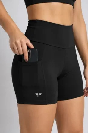 Shorts Cós Alto Feminino Fitness Corrida com Bolsos Academia