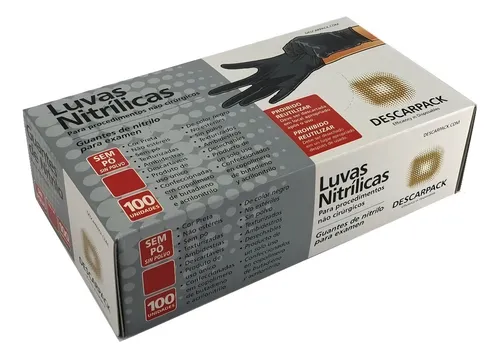 Luva Nitrílica para Procedimento Não Cirúrgicos Sem Pó Preta M Descarpack com 100 Unidades