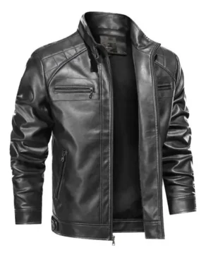 Jaqueta de Couro Masculina Slim Forrada Sem Capuz
