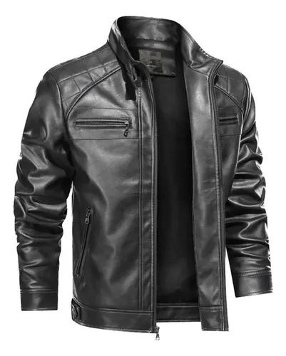 Jaqueta de Couro Masculina Slim Forrada Sem Capuz