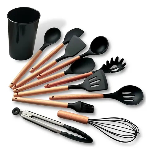 Kit C/12 Utensílios de Cozinha Silicone Cabo