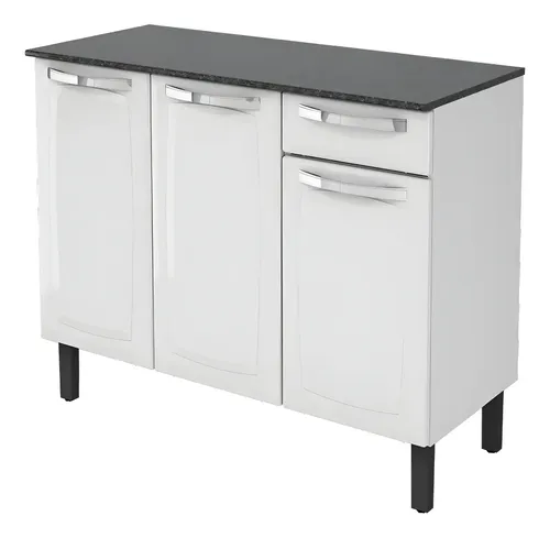 Balcão de Cozinha Itatiaia Aço 3 Portas 1 Gaveta com Tampo de 105 Cm Modelo Rose Branco Neve