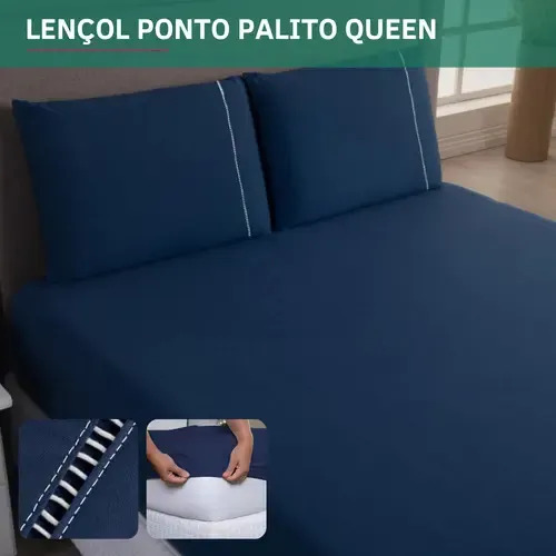 Jogo de Cama 3 Peças Queen 400 Fios Percal c/ Fronha Ponto Palito Lençol Elástico Extra