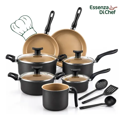 Conjunto Panelas Antiaderente 10 Peças Teflon Várias Cores Preto com Beje