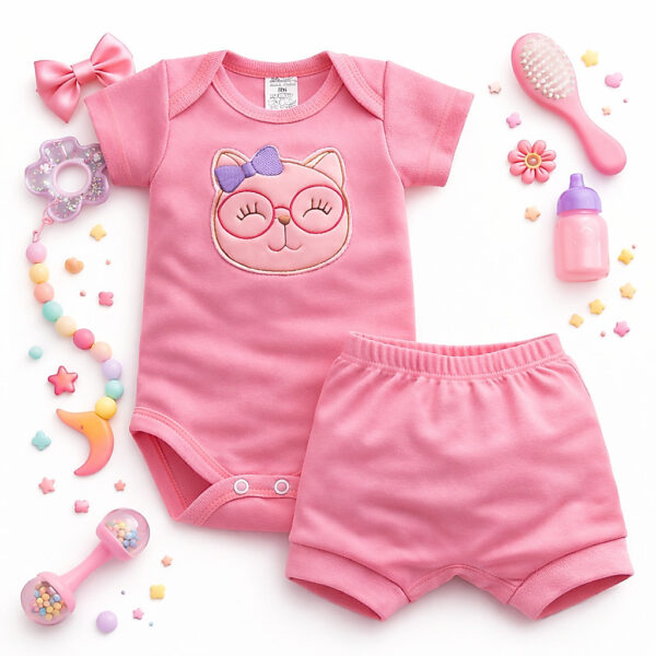 Conjunto Bebê Menina com Bory e Tapa Fraldas tecido canelado macio e confortável