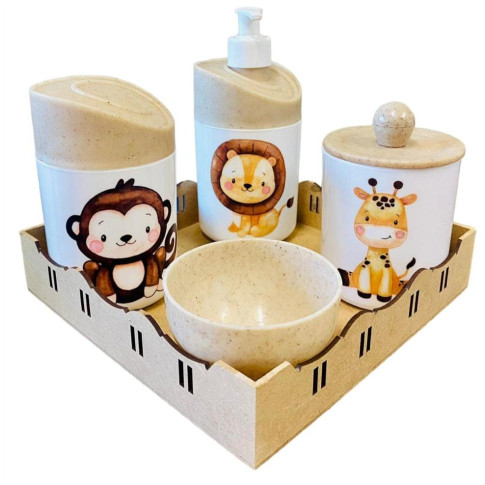 Kit Higiene Bebê Safari c/ Bandeja Quadrada Crua em MDF