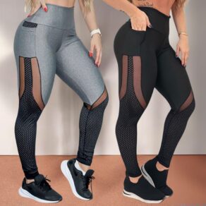 Calça Legging Fitness Feminina com Bolsos Laterais e Recortes em Tule e Tela nas Pernas Envio 24H