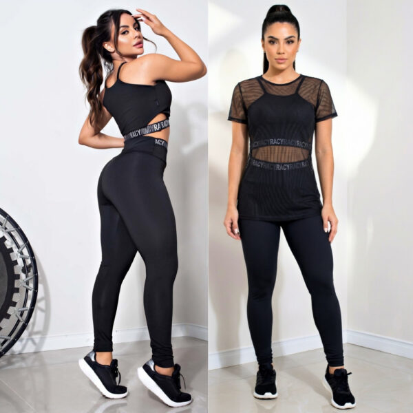 Conjunto 3 Peças Fitness Feminino Cropped + Calça + Blusa de Tela Academia Treino