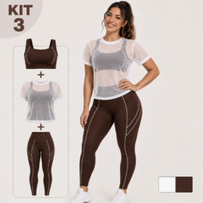 Conjunto Fitness Feminino 3 Peças Calça Legging + Top + Blusa Tule Academia Cintura Alta