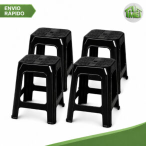 Kit 04 Banqueta Plástico Banco Resistente Suporta Até 120 Kg Empilhável Preta Multiuso Reforçado