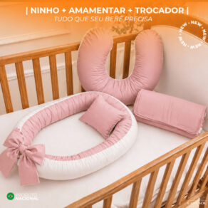 KIT BEBÊ NINHO REDUTOR + ALMOFADA AMAMENTAÇÃO + TROCADOR PORTÁTIL DE BEBE CORES LISAS