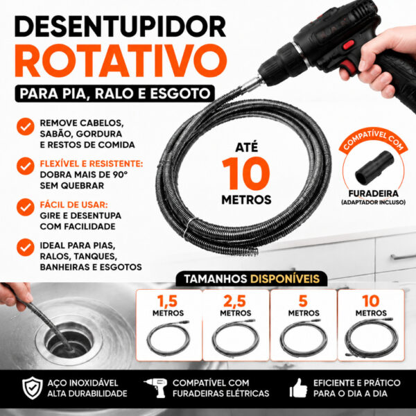 Desentupidor Rotativo + Adaptador p/ Furadeira - Remove Entupimento em Canos de Esgoto