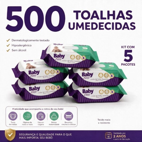 Kit 05 pacotes de Toalhas Umedecidas/ Lenços Baby free c/100- (sem tampa flip-top)