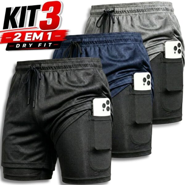Kit 3 Shorts 2 em 1 Dryfit Masculino Academia Corrida Treino Bermuda comprime Seca Rápida Confortável Fitnes