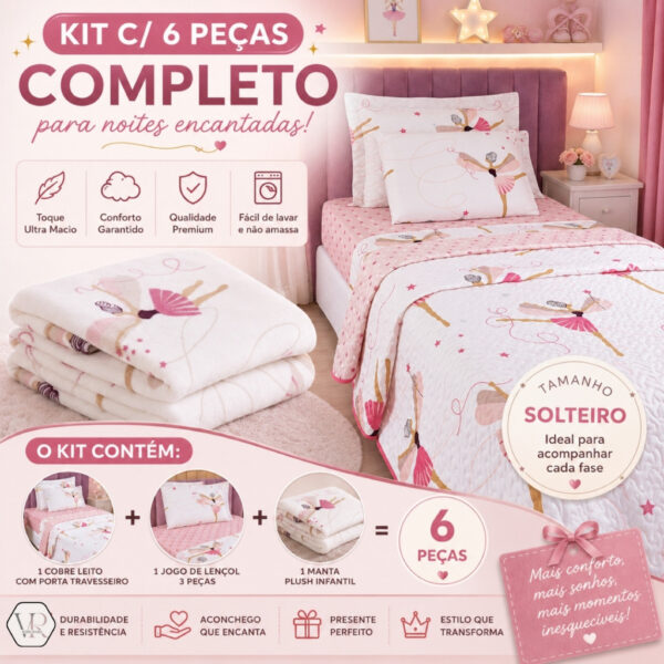 Kit 6 Peças Cobre Leito Infantil + Roupa de Cama Solteiro 3pçs + Manta Flannel kids