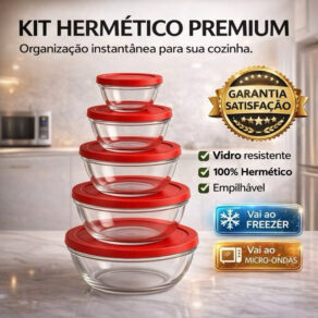 Kit 5 Tigelas de Vidro Tampas Hermeticas Potes de Armazenamento