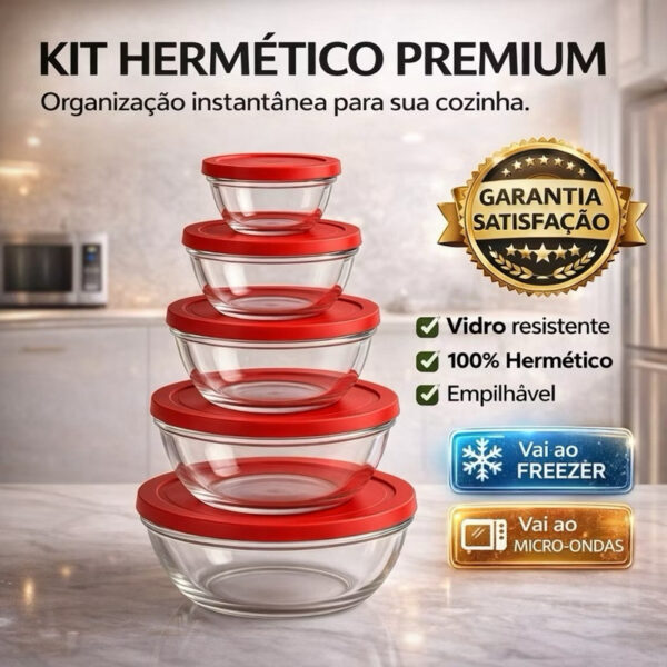 Kit 5 Tigelas de Vidro Tampas Hermeticas Potes de Armazenamento