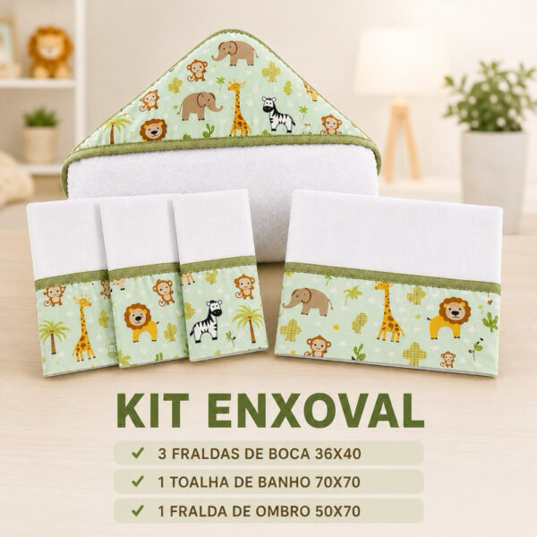 Kit Enxoval Bebê Menino Safari e Menina 3 fraldas De Boca 1 Toalha De Banho com capuz e 1 Fralda De Ombro 100%Algodão