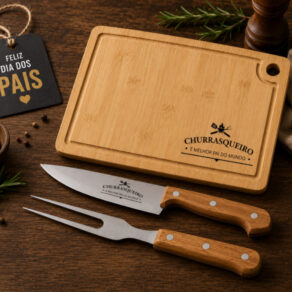 Kit Tábua e Faca de Churrasco Personalizada Time de Futebol Presente Torcedor Escudo Gravado a Laser Bambu