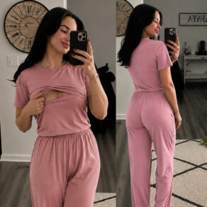 Pijama Amamentação Feminino para Gestantes Pós Parto Manga Curta com Calça Para Dormir