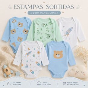 Kit Roupa De Bebê 5 Peças Body Estampado Manga Longa Algodão