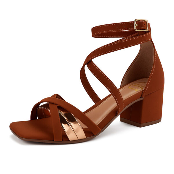 Sandália Feminina Elegante Tiras Salto Quadrado Bloco Confortável 074-33