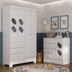 Quarto Infantil / Juvenil com Guarda Roupa e Cômoda Stella Branco