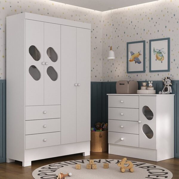 Quarto Infantil / Juvenil com Guarda Roupa e Cômoda Stella Branco