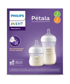 Philips Avent Kit de Mamadeira Pétala 3.0, 125ml Bico Fluxo Lento (fluxo 2), 260ml Bico Fluxo Médio (fluxo 2), 2 Un Branca- SCD838/26