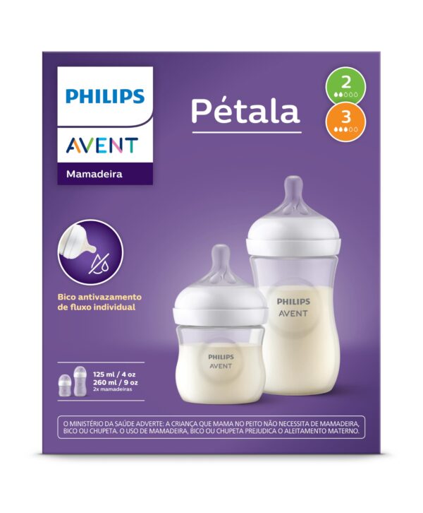 Philips Avent Kit de Mamadeira Pétala 3.0, 125ml Bico Fluxo Lento (fluxo 2), 260ml Bico Fluxo Médio (fluxo 2), 2 Un Branca- SCD838/26