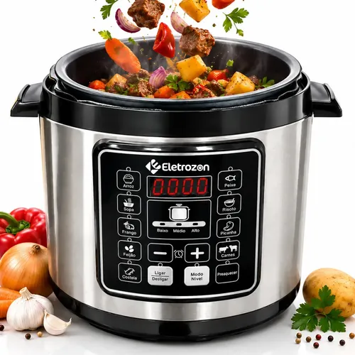 Panela de Pressão Elétrica Eletrozon 1100W de 6 Litros com Revestimento Antiaderente e Desligamento Automático Elt-808
