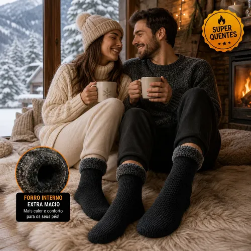 Kit 6 Meias Térmica Grossa Quente Inverno Frio Neve Forrada 2 Pretas e 4 Sortidas Lisa 34 Ao 44