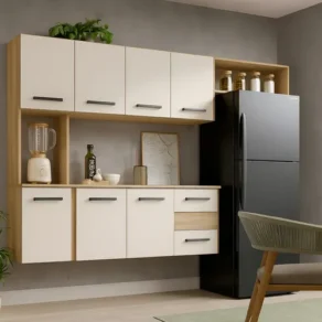 Kit Armário de Cozinha Multiuso Compacta Suspensa com 7 Portas e 2 Gavetas Cor Cinamomo Off