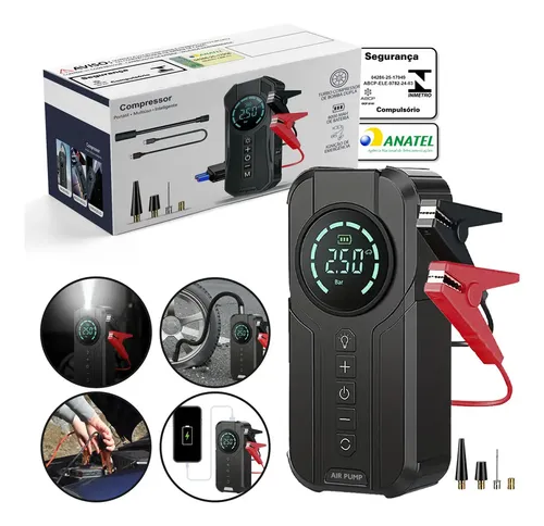 Mini Compressor de Ar Digital B&G Portátil para Carro, Moto e Bicicleta com Power Bank