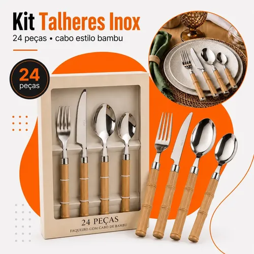 Faqueiro 24 Peças Inox Bambu Mesa Elegante Talheres Hold On