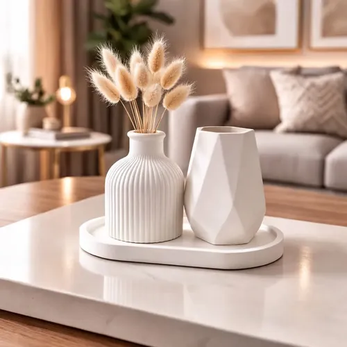 Kit Decorativo Sala Bandeja com Vasos Design Moderno Kit Decorativo 2 Vasos Modernos com Bandeja Branco Minimalista Sala Mesa