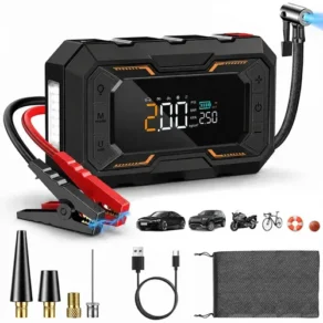 Aweshine Auxiliar Partida Portátil com Compressor Ar 150 Psi,5 Modo Inflagem,10 Funções Proteção Inteligente,Auxiliar Partida Veicular Carro Moto Caminhão,Digital Duplo,Power Bank e Lanterna Led