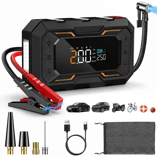 Aweshine Auxiliar Partida Portátil com Compressor Ar 150 Psi,5 Modo Inflagem,10 Funções Proteção Inteligente,Auxiliar Partida Veicular Carro Moto Caminhão,Digital Duplo,Power Bank e Lanterna Led