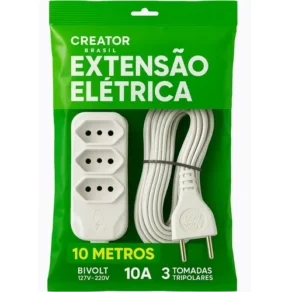 Extensão Elétrica 10 Metros Fio Grosso 3 Tomada 3 Pino Cor Branco Creator Brasil